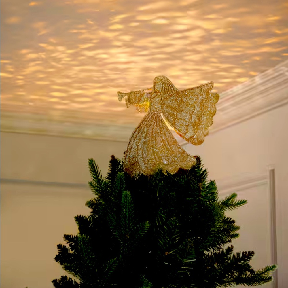 10.5" Gold Glitter Angel LED Projector Tree Topper still in box. Never used.